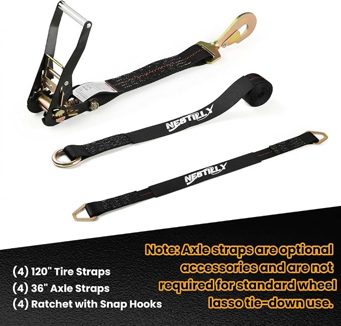 Over Wheel Tie Down Straps for Trailers, 4 Pack 2" x 10' Heavy Duty Ratchet Straps 10,000 lbs Break Strength, Tire Lasso Straps with Snap Hooks for Car Hauler, UTV, ATV, Includes (4) 36" Axle Straps
