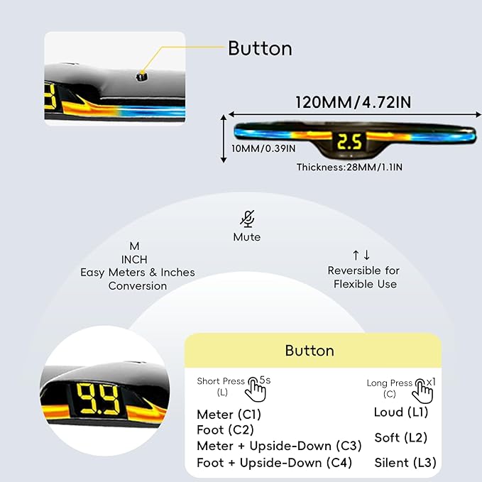 New Features Forward and Reverse Parking sensors, Option to Measure Distance in inches, bidirectional Display Option, and Customizable Digital Direction 18 Color Probes to Choose from(Light Yellow)
