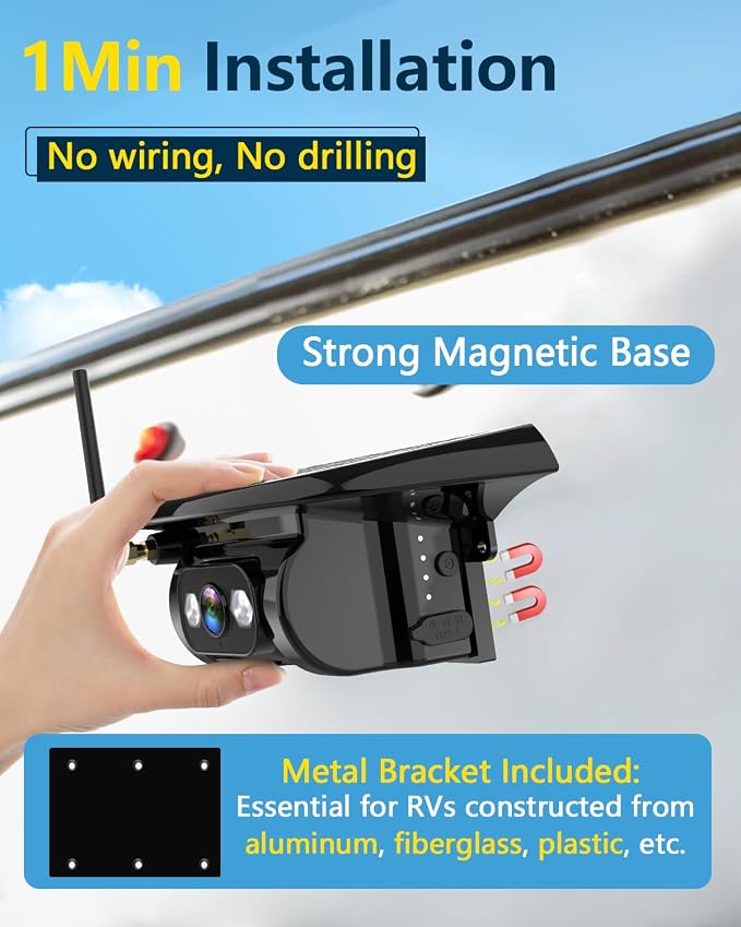 Magnetic RV Wireless Backup Camera: 1-Min Install Long-Range Signal Solar Backup Camera for Travel Trailer - with 7.2" DVR Monitor 1080P HD Night Vision Auto Sleep for Voyager & Forest River RVs