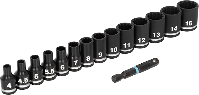 Spyder 15-Piece 1/4-inch Spline Drive Metric Shallow Impact Socket Set with Adapter, for 6pt, 12pt, Star, Square, Spline and Damaged Fasteners