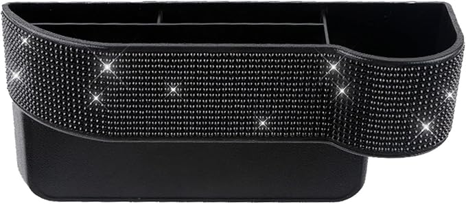 Bling Bling Car Seat Organizer Front Seat Gap Filler with Crystal Rhinestones Diamond, PU Leather Car Seat Console Storage Organizer for Car Accessories (2 Pack Black)