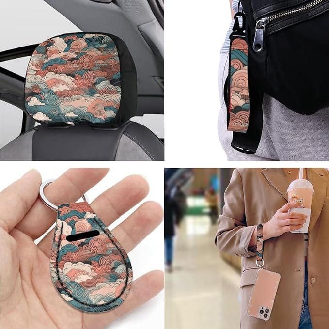 Chinese Cloud Pattern 13 Pcs Seat Covers Full Set Retro Clouds Sea Wave Print Non Slip and Soft Headrest Cover Car Cup Pad Fit for Car, Truck, Van, SUV