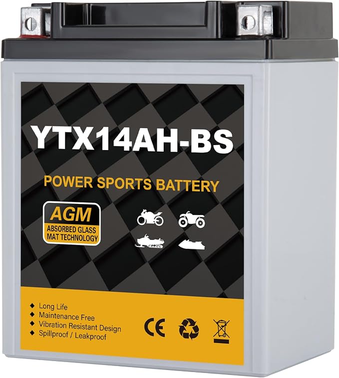 YTX14AH-BS 12V 12Ah Motorcycle Battery, 220CCA Rechargeable Maintenance Free Sealed AGM Battery, Powersport Replacement for ATV, UTV, Scooter