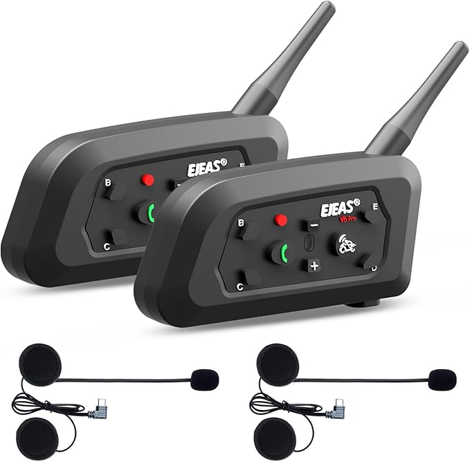 EJEAS V6 Motorcycle Bluetooth Headset, 2 Riders Motorcycle Intercom Helmet Communication System with Noise Reduction and Bluetooth 5.1 for Motorcycling Skiing and Climbing (2 Pack)