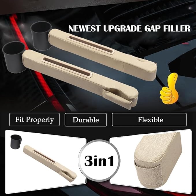 Car Seat Gap Filler 2 Pack,Car Seat Gap Filler Organizer,Car Seat Gap Plug with Storage Slot,3 in 1 Car Seat Gap Filler with Cup Holder,Prevent Small Items from Falling(Beige)