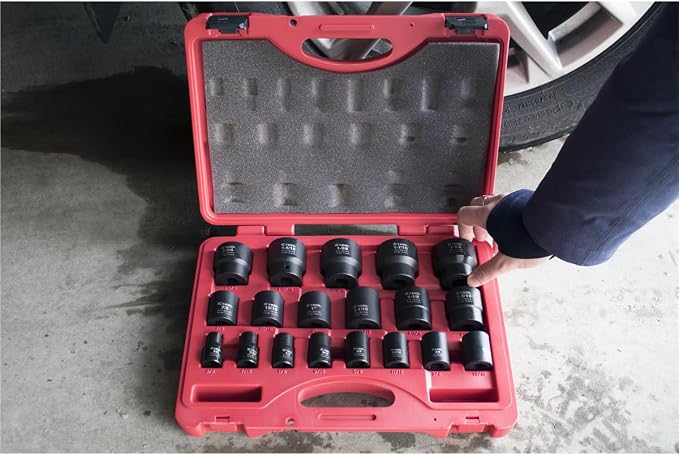 K Tool International 33101 19 Piece SAE Short Impact Socket Set, 1/2 Inch Drive 6 Point Cr Mo Steel Sockets from 3/8 to 1 1/2 Inch, Laser Etched Markings, Blow Molded Case, For Shop and Industrial Use