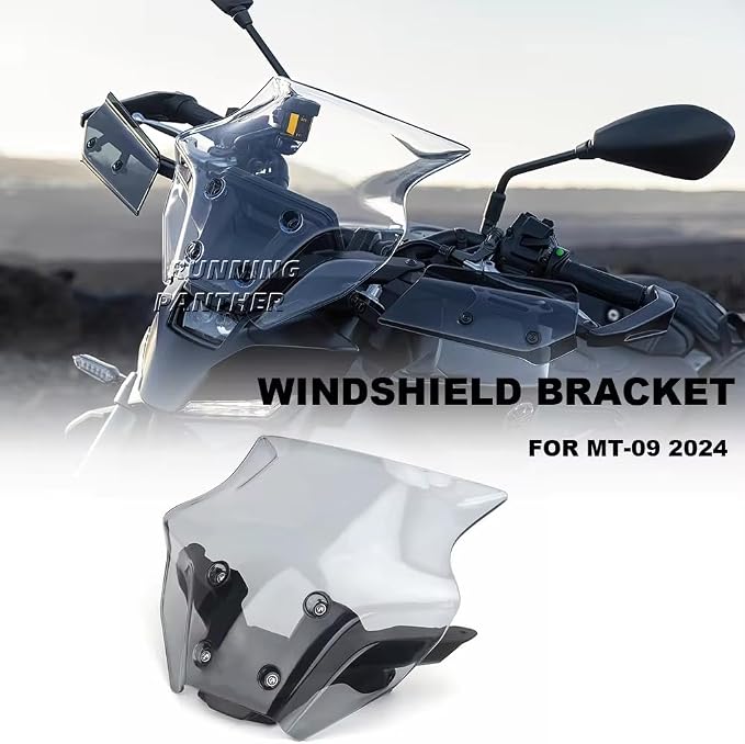 Windshield Deflectors for Yamaha MT-09 MT09 MT 09 mt09 2024, Motorcycle Acrylic Touring Sports Front Fairing Bracket Windscreen Wind Protector Visor Accessories (Black Set)