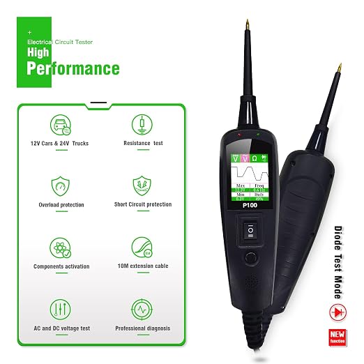 TopDiag P100 Automotive Circuit Tester 12V 24V Tester, Car Electrical Test Tool Kit AC DC Digital Voltage Tester, Auto Diagnostic Kit (P100 10M)