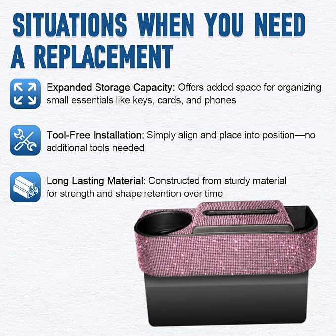 Auto Gap Filler Multifunctional Car Seat Organizer, Multi-Function Tissue Storage Box w/Cup Holder, Auto Console Side Storage Box, Pink Rhinestone - Pink