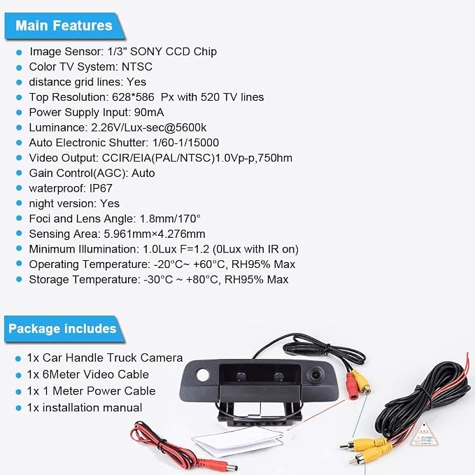 HD 170° Wide Angle Auto Vehicle Car Van Trunk Handle Button Tail Gate Rear View Reversing Backup Camera Parking Aids System Compatible with Dodge Ram 1500 2500 3500 Tailgate Handle Truck