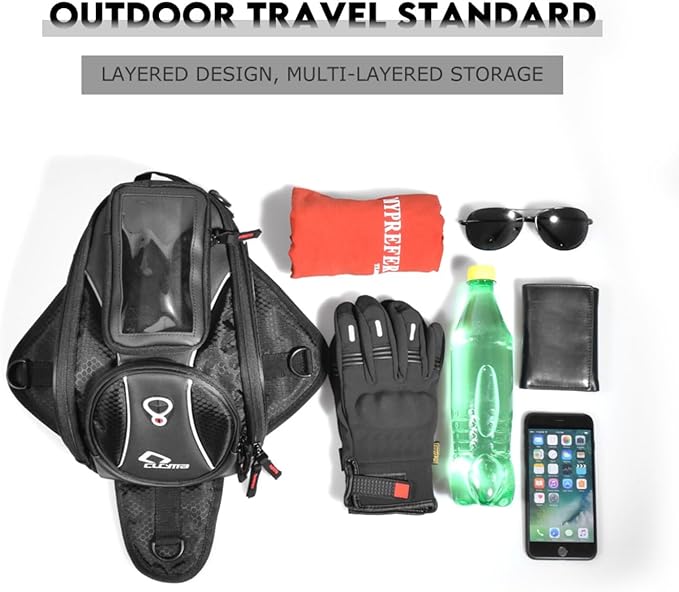 Motorcycle Tank Bag, Magnetic Motorcycle Tank Bag with Detachable Clear Phone Pouch and Rain Cover, Gas Tank Bag for Street and Touring Bikes, Black