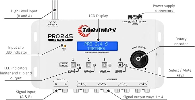 Taramps DSP Pro 2.4S White Crossover Full Digital Signal Car Audio Processor and Equalizer with Sequencer 15-Band Graphic Equalization 12 preset EQ, Remote Signal, Alignment, 2 Channel in and 4 Out
