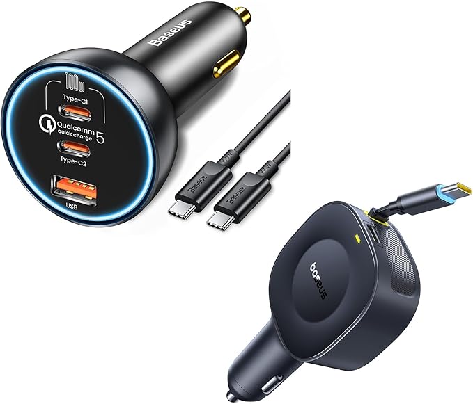 Baseus 160W USB C Car Charger Ultra-Mini Retractable Car Charger 60W USB C &