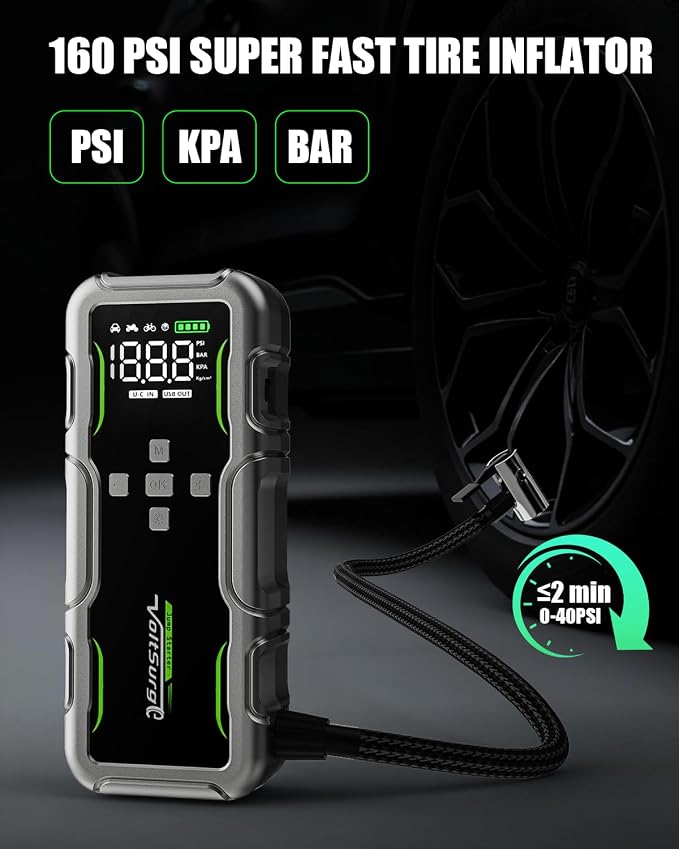 8000A Jump Starter with Air Compressor, 12V Portable Battery Jumper Starter Pack(All Gas/10.0L Diesel) for Car, Jump Box with 150PSI Auto Tire Inflator, LCD Display & Lights
