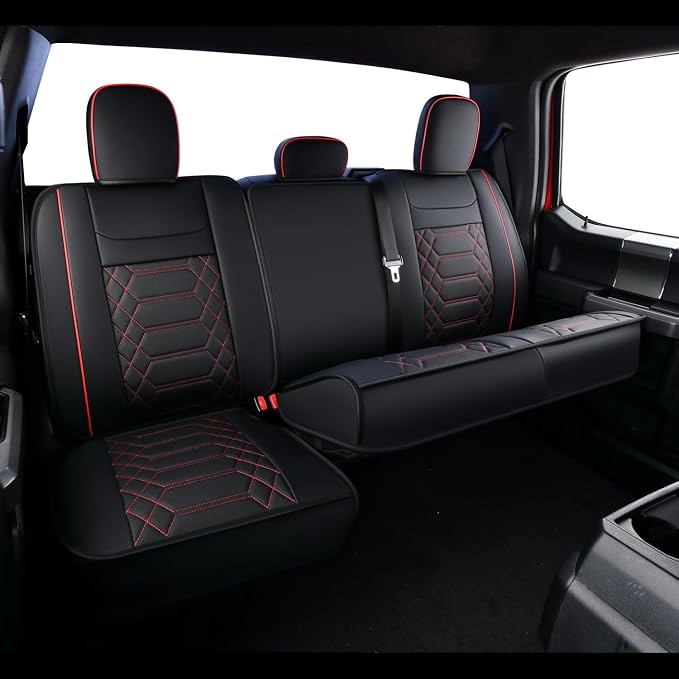 RISINGSTAR Silverado Sierra Faux Leather Seat Covers, Fit for 2019-2026 Chevy Silverado GMC Sierra 1500 and 2020-2026 2500HD 3500HD Crew Cab(Full Set, Black&Red)
