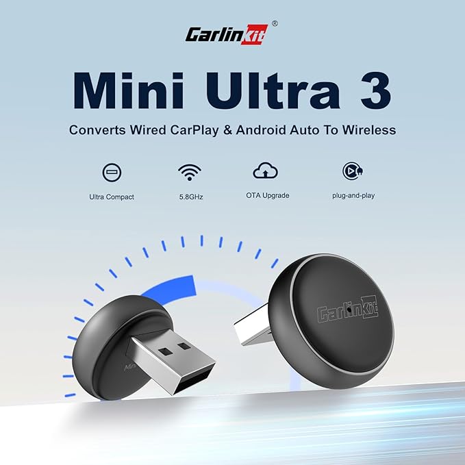 Carlinkit Mini Ultra Wireless CarPlay & Android Auto Adapter, Convert Factory Wired to Wireless, USB-A/USB-C Fast Connection for iPhone & Android 11+, Plug & Play Car Play Dongle, OTA Upgrade