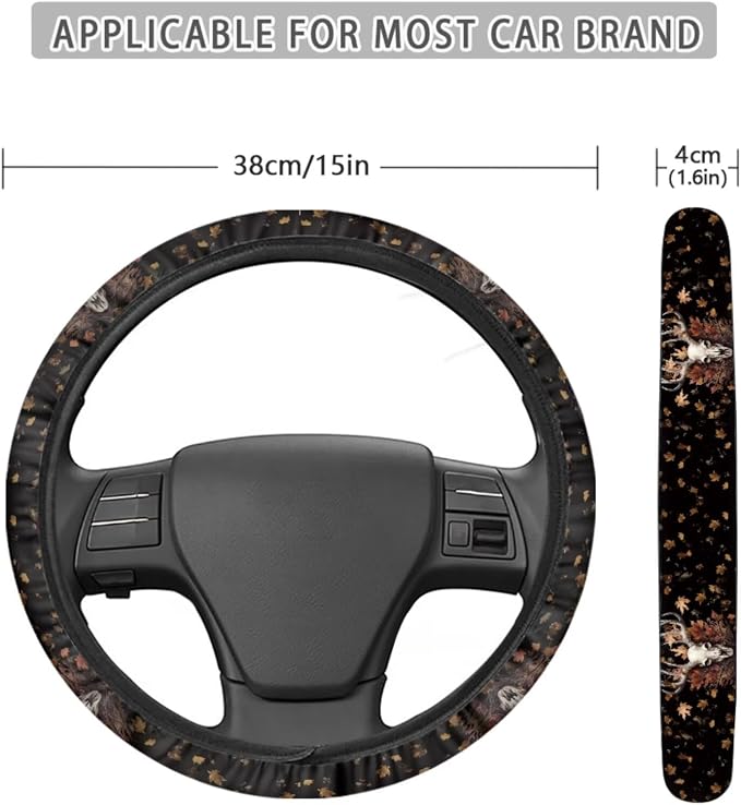 Deer American Flag Maple Leaf Pattern 13 Pieces Car Accessories Set, Non Slip Car Front and Rear Seat Cover Pack of 4, 1 PCS Steering Wheel Cover, 4 PCS Seat Belt Cover Pad，4 PCS Cup Coasters