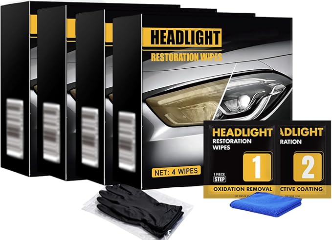 Headlight Restoration Wipes Kit, 2 Step Headlight Cleaner & Protective Coating Wipes, Removes Oxidation & Yellowing, Restores Clarity & Shine,Headlight Polish no Power Tools Required (4PCS)