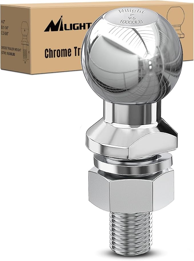 Nilight 2-Inch Diameter Chrome Trailer Hitch Ball, 10,000 lbs, 1-1/4 x 2-5/8-Inch Shank Universal Fit,Gray