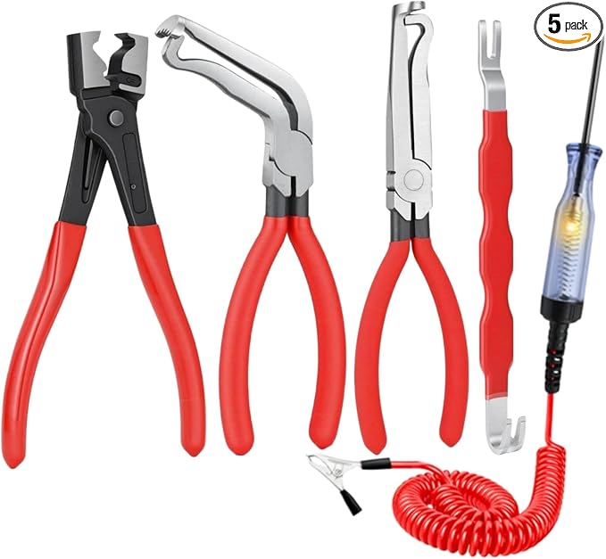 5-Piece Automotive Electrical Disconnect Pliers Set, 60° Angled Tool & Hose Clamp Pliers with 3-48V DC Circuit Test Light for Spark Plug, Ignition Coil, Fuel Line, MAF Sensor