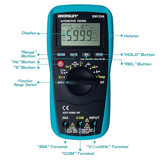 allsun EM133A Auto Multimeter AC/DC Volt Ohm Amp Tester Tool | RPM, Dwell, Pulse Width, Temp, Capacitance, Continuity, Frequency. Diagnostic for car repair, workshop, DIY maintenance