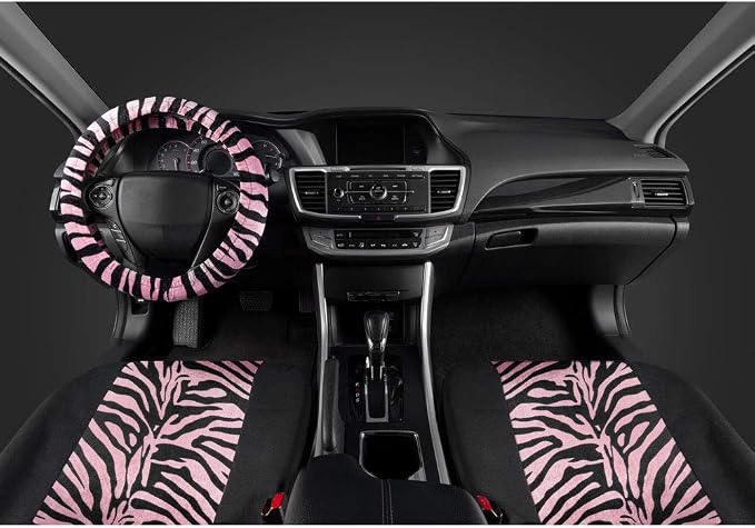 BDK Pink Velvet Zebra Print Car Seat Covers, Full Set with Steering Wheel Cover and Seat Belt Pads, Front and Rear Universal Fit for Car Truck SUV Van, Cute Auto Interior Accessory for Women Girl