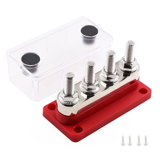 Heavy DUty BusBar Copper Ground Power Distribution Block 12V-48V 600A with 4X 3/8" Posts Terminal, Marine Bus Bar, High Current DC Battery Buss Bar with Cover for Car RV Solar Trucks Yacht, Red
