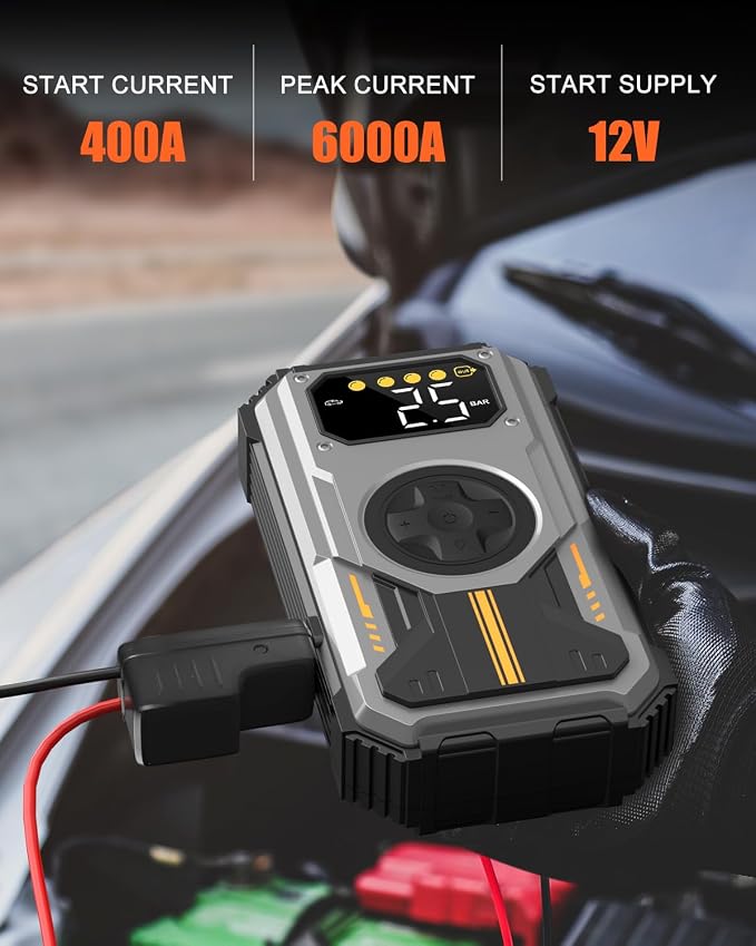 PD-270 6000A Jump Starter with Air Compressor, 150 PSI Portable 12V Car Battery Booster (Up to 7.5L Gas/6.5L Diesel), LCD Display, LED Light & Power Bank