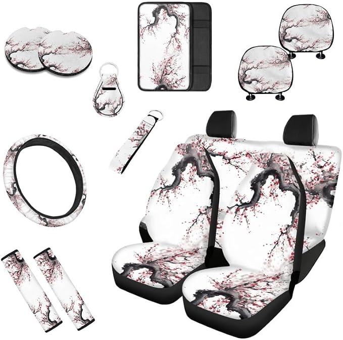 Cute Plum Blosso Print 13 pcs Full Set Car Accessories Retro Pink Flower Painting Front Rear Seat Protection Universal for SUV Truck Vans Sedans