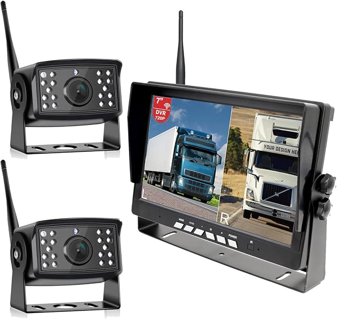 Vehicle 720P Digital Wireless Backup Camera System 7inch AHD IPS Monitor 1024X600 DVR Loop Recording+ 2pcs IP69K Waterproof IR Wireless Reversing Camera Dash Camera for Car Truck Bus RV Trailer