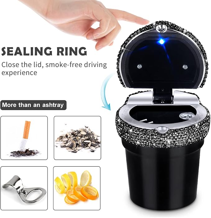 eing Car Ashtray Portable Cigarette Smokeless Cylinder Cup Holder with Blue LED Light Indicator and 2 Replacement Batteries,Car Accessories for Women,Ideal for Car,Home and Office,2-Pack Black+Black
