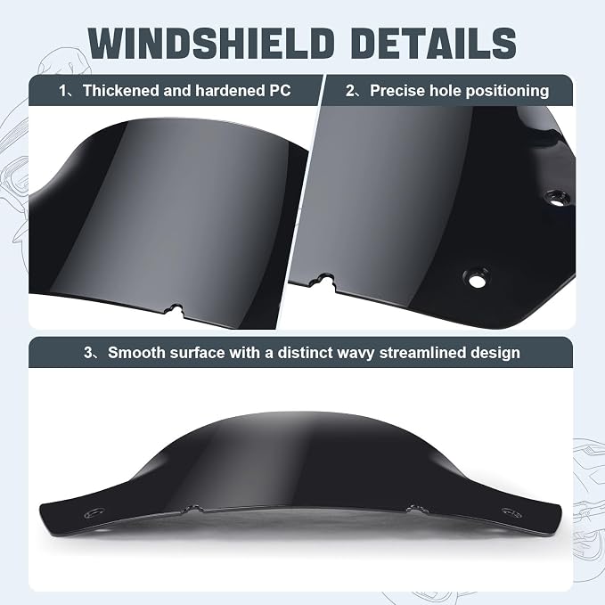 9" Motorcycle Windshield Accessories Fits Harley Touring 2023.5-Later Street Glide Models (Dark Gray)