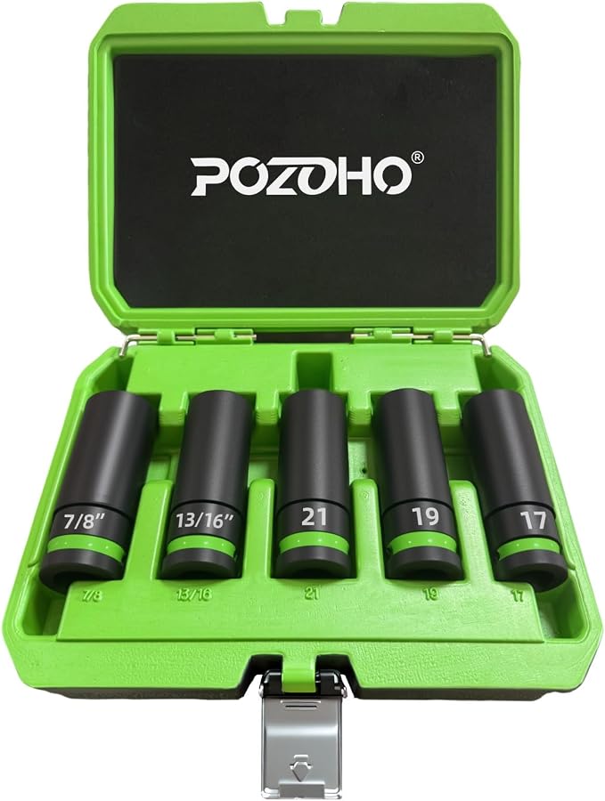 Impact Lug Nut Socket Set, 5-Piece 1/2-inch Drive Non-Marring Thin Wall Deep Socket Set for Wheel Nuts, SAE & Metic Wheel Protector Removal Tool, Cr-Mo Steel, PTM02005