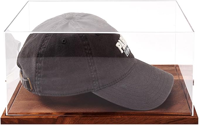LITY Hat Display Case, No Assembly Required Clear Acrylic Baseball Cap Stand, UV Protection Signed Hat Transparent Showcase, Cap Display Box with Solid Wood Base Risers & Hat Shaper