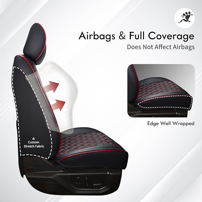 Huidasource 2018-2026 Wrangler JL Seat Covers Full Set, Waterproof Custom Fit Seat Cushion Protector for Jeep Wrangler JL 4-Door Sahara Sport Rubicon, Without Rear Cupholder (Full Set/Red Line)