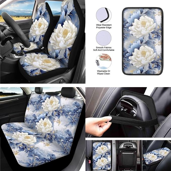 Carnation Flower Hand Drawing Car Seat Cover Full Set Universal Floral Art Painting 13 Pcs for Front and Back Seat Cover Keychains for Trucks Sedan SUV