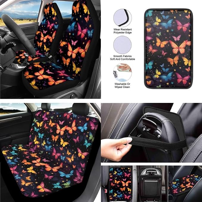 Butterfly Print 13 Pack Car Seat Covers Full Set Colorful Butterflies Painting Car Interior Accessories Fit Auto SUV Trucks Seat Belt Shoulder, Black