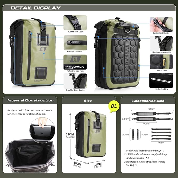 Rhinowalk Motorcycle Tail Bag Motorbike Side Bag 8L Full Waterproof Motor Saddle Pannier Bag Rear Rack Trunk Professional Motor Accessories-Green