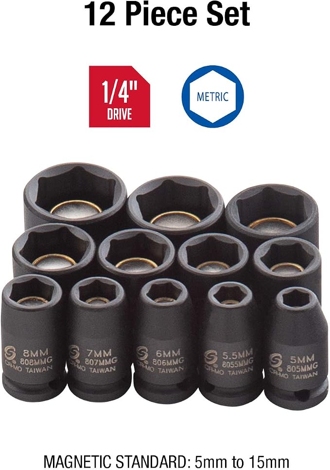 Sunex 1822, 1/4 Inch Drive Magnetic Impact Socket Set, 12-Piece, Metric, 5mm-15mm and Astro Pneumatic Tool 7412 12-Piece 1/4" Drive Flex Socket Set - 6 Point - Metric