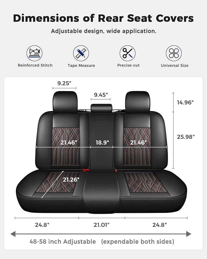 Huidasource Leather Back Row Seat Covers, Waterproof Rear Split Bench Car Seat Covers, Vehicle Seat Cushion Cover Protector Universal Fit for Most Cars Sedan SUV Pickup Truck(Back Row/Black&Red)