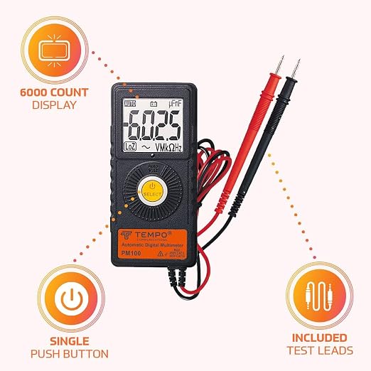 TEMPO Communications PM100 Ultra Portable Pocket Multimeter | Auto Ranging, 6000 Count | Measure AC DC Voltage, AC DC Current, Resistance, Continuity, Capacitance, Electric Field, Frequency
