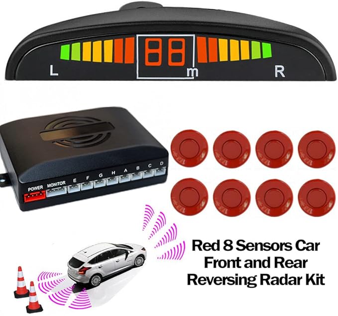 Riloer Car Front and Rear Security Reversing Radar Kit, LED Display Buzzer Alarm 8 Sensor Front and Rear Parking Sensor Prompt for Cars (Red)