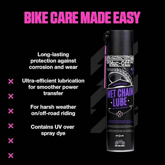 Muc Off Wet Motorcycle Chain Lube, 400 Milliliters - Premium Motorbike Chain Lubricant Spray - Formulated for Wet Weather Conditions