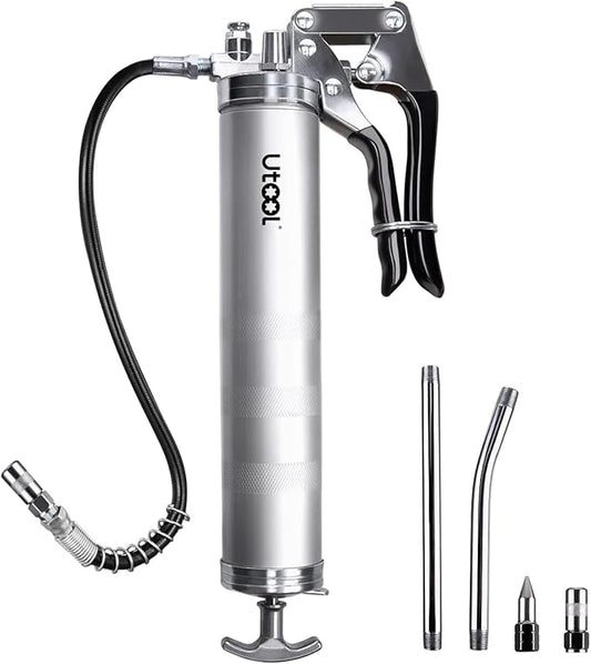 UTOOL Grease Gun | 8000 PSI Heavy Duty Pistol Grip Grease Gun Kit, 14 oz Capacity, 18 Inch Resin Flex Hose, 2 Basic Coupler, 2 Extension Rigid Pipe and 1 Sharp Type Nozzle
