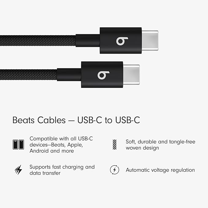 Beats USB-C to USB-C Woven Cable Fast Charging Durable/Tangle-Free Compatible Charger for Apple & Android Devices (1.5 m, 5 ft) - Bolt Black