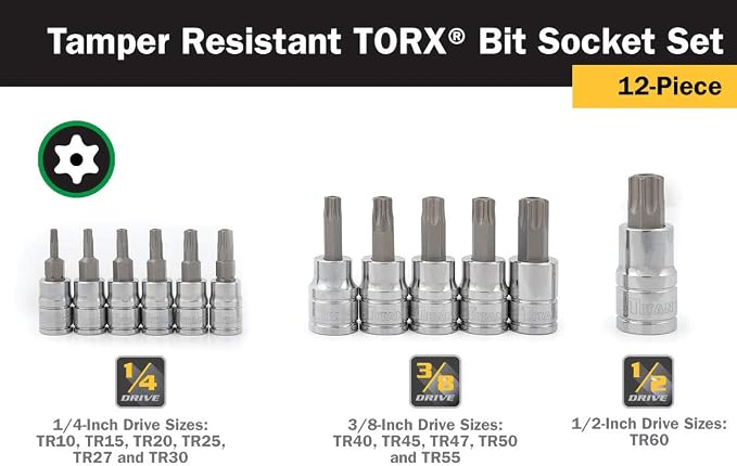 Titan 16121 12-Piece Tamper Resistant Torx Bit Socket Set, Magnetic Socket Organizer with Laser-Etched Size Markings