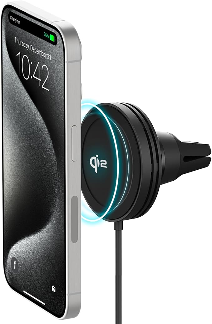 iOttie Velox Qi2 Mini Wireless Charging Car Mount - MagSafe Compatible Air Vent Phone Mount with 15W Charging for Qi2-enabled Smartphones Including iPhone 12,13,14,15,16 and 17. Car Charger Included.