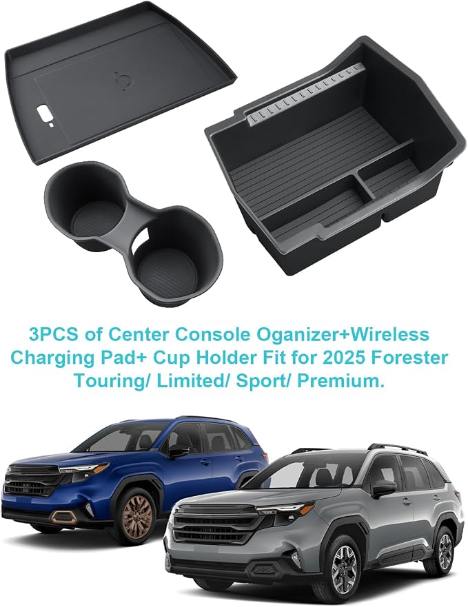 CDEFG 3PCS for 2025 Subaru Forester Center Console Organizer Tray, Forester 2025 Accessories Middle Console Cup Holder Wireless Charging Pad Storage Box (NOT for Wilderness, Not for All 2026 Models)