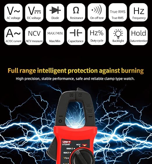 UNI-T UT204R Digital Clamp Meter True RMS 600A AC/DC Current Clamp, Measures Voltage Capacitance Resistance Frequency Temperature, CAT III 600V, Portable Compact Design