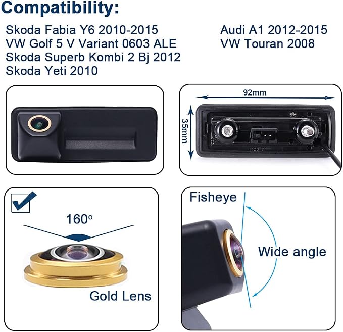 Golden Lens Super HD Wide Angle Parking Camera Night Vision HD Backup Camera for Skoda Fabia Y6/Audi A1/VW Golf 5 V Variant 0603 ALE/Skoda Superb Kombi 2 Bj 2012/Skoda Yeti 2010